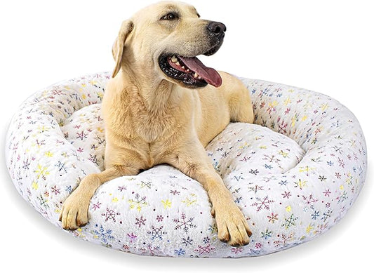 39 Inch Christmas Snowflakes Calming Dog Bed for Large Dogs, Round Anti-Anxiety Warm Bed, Soft Cozy Anti-Slip Donut Washable Pet Bed, Fits up to 100 lbs Pets