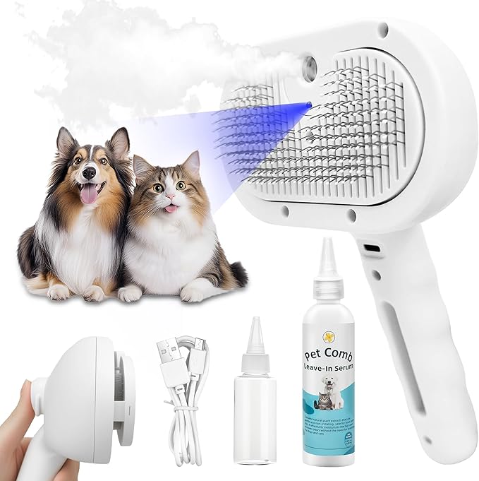PETCHO 4-in-1 Pet Grooming Steam Brush for Cats & Dogs – Steam Spray, Blue Light, Hair Removal, Self-Cleaning Comb – Includes Pet Waterless Shampoo