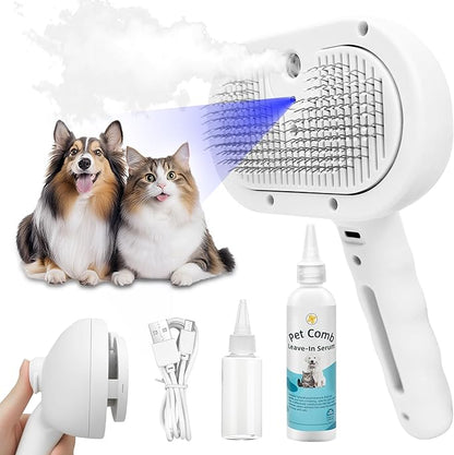 PETCHO 4-in-1 Pet Grooming Steam Brush for Cats & Dogs – Steam Spray, Blue Light, Hair Removal, Self-Cleaning Comb – Includes Pet Waterless Shampoo