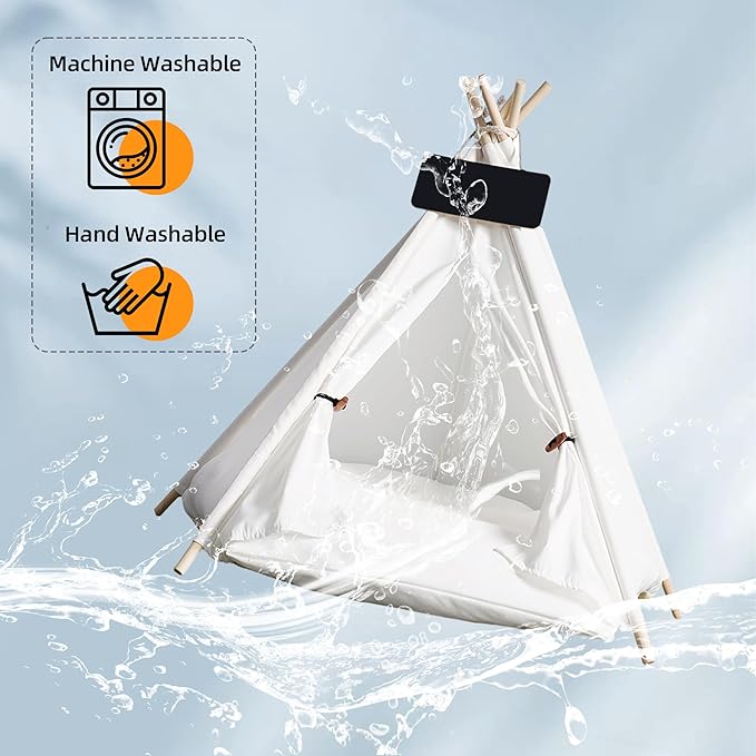 Pet Tent/Tipi for Cats & Dogs - Washable Canvas, Foldable Pet Teepee with Anti-Slip Base & Detachable Cushion | Indoor/Outdoor Safe Shelter for Pets Up to 66lbs-White-M
