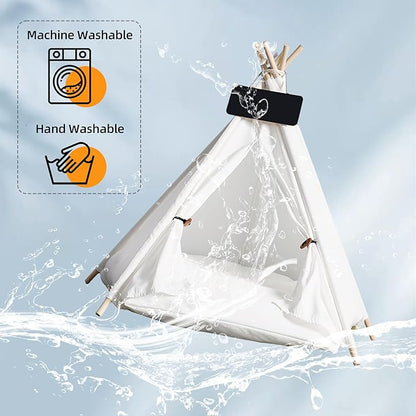 Pet Tent/Tipi for Cats & Dogs - Washable Canvas, Foldable Pet Teepee with Anti-Slip Base & Detachable Cushion | Indoor/Outdoor Safe Shelter for Pets-White-L