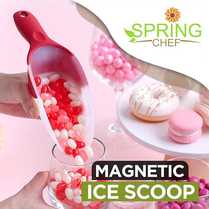 Spring Chef Red Magnetic Ice Scoop for Freezer & Ice Machine - Multifunctional BPA-Free Plastic Scoop with Soft Grip Handle - Kitchen Food Scooper for Flour, Rice, Popcorn, Dog Food - Dishwasher Safe