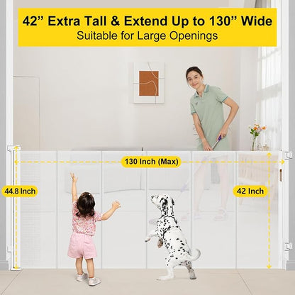 Reinforced 42” Tall x 130” Extra Wide Retractable Baby Gate for Large Openings Extra Tall Dog Gate with Rods to Prevent Crawling Through, Extra Long Mesh Pet Gate for Doorways, White