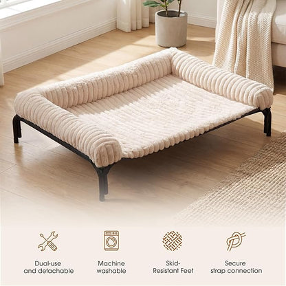 Elevated Dog Bed with Removable Bolster Cushion Mat, Raised Pet Cot for Extra Large Sized Dogs with Breathable & Washable Mesh, Indoor & Outdoor Pet Hammock with Skid-Resistant Feet.