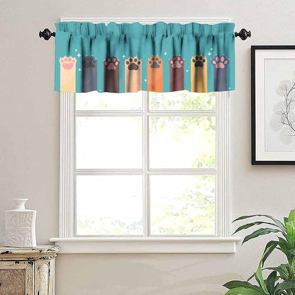 Paw Valances Curtain for Kitchen, Cartoon Cat Dog Paws Pattern Window Treatment Valances Short Curtains Rod Pocket Drape for Dining Room Home Farmhouse Decor, 54x18inch