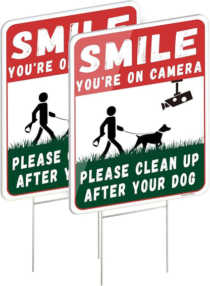 Clean UP After Your Dog Signs, 2-Pack 12.6"x 9.4" Double-Sided H-Stake Metal Stakes Smile Your on Camera Signs, Corrugated Plastic