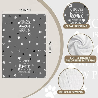 Grey Paw Farmhouse Kitchen Towels Decor Gifts for Women Pet Lovers, A House is Not A Home Without Paw Prints Decorative Bathroom Towels, Funny Dish Hand Towels for Kitchen Drying 16x24 Inch