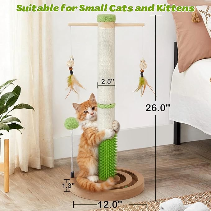 Cat Scratching Post, 26 Inch Tall Scratching Posts for Indoor Cats Adults and Kittens, Small Cat Scratch Post with Rotatable Hanging Toys, Rubber Brush and Double-Layer Interactive Wooden Ball Track