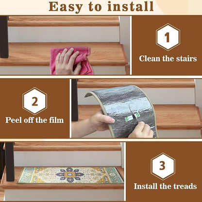 15Pcs Stair Treads for Wooden Steps Indoor with Self Adhesive, 8"x30" Non Slip Stair Treads Stair Carpet Runner, Resistant Indoor Runner for Kids、Elders and Pets,Blue and Gold Pattern