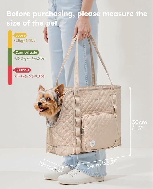 Pecute Dog Purse Carrier, Dog Carrier with Pockets for Small Dogs, Fits Dogs 5 lbs to 9 lbs, Cat and Puppies Tote Bag, Outing, Travel, Vet, Khaki