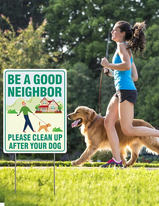 Clean Up After Your Dog Signs, 2 Pack 12.6" x 9.5" with Metal Stake, No Pooping Dog Signs with UV Protected & Waterproof, Double Sided Pick Up After Your Sign for Yard