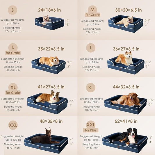 EHEYCIGA Orthopedic Dog Beds for Large Dogs, Waterproof Memory Foam Large Pet Bed with Sides, Non-Slip Bottom and Egg-Crate Foam Dog Couch Bed with Washable Removable Cover, Navy