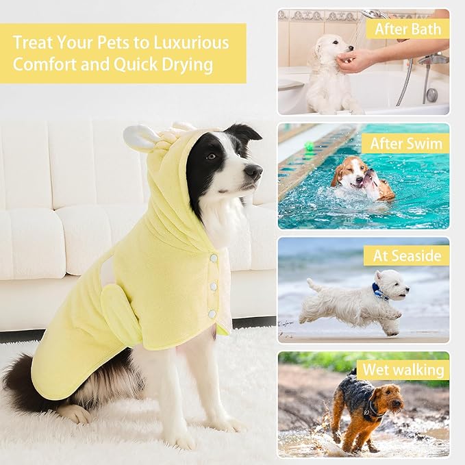 Pet Bathrobe Towel Dog Cat Drying Coat Super Absorbent Cute Dogs Bath Towel Hooded Robe Adjustable Collar & Belly Strap for XSmall to XLarge Pets (Yellow, Large)