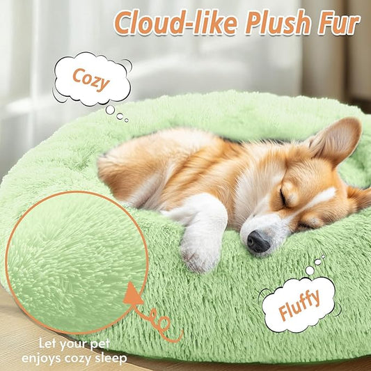 JOLLYVOGUE Calming Dog Beds Large Sized Dog, 36in Donut Washable Large Pet Bed, Anti-Slip & Anti-Anxiety Fluffy Faux Fur Round Dogs Bed, Fits up to 80 lbs Pets (Light Green)