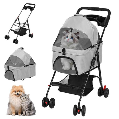 4 Wheels Pet Stroller,Dog and Cat Foldable Strollers, Removable Carrier, Breathable Mesh Canopy, Storage Basket and Cup Holder, Lightweight Travel Carrier, Pet Carrying Cart for Walks Outings Shoppin