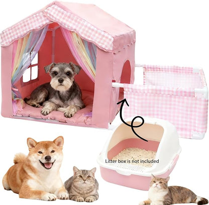 Cute Pink Princess 26 * 26 * 26.8" Dog House Bed for Pets Dogs Cats with Playpen, Cozy Confortable Puppy Cat Rabbit Kennel Bed Playhouse Tent w/Washable Cushion, Holds Up to 50lbs Pets