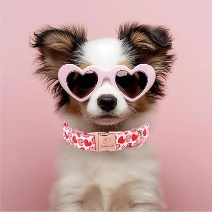 Valentines Dog Collar, Pink Heart Print Girl Dog Collars, Cute Valentine Puppy Collars, Adjustable Heavy Duty Pet Collar for Small Medium Large Dogs with Metal Buckle XS