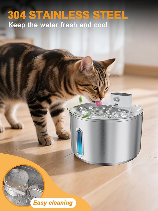 Cat Water Fountain Stainless Steel, 4L/135fl oz for Cats Dogs - Wireless Pet Water Dispenser Battery Operated with 5000mAh, Motion Sensor Activated, Ultra Quiet Pump, 6 Filters, Easy Clean Design