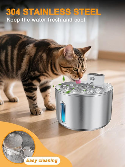 Cat Water Fountain Stainless Steel, 4L/135fl oz for Cats Dogs - Wireless Pet Water Dispenser Battery Operated with 5000mAh, Motion Sensor Activated, Ultra Quiet Pump, 6 Filters, Easy Clean Design