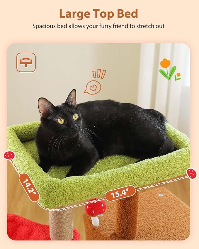 MUTTROS Mushroom Cat Tree with Sisal Scratching Posts, 35.4" Cute Cat Tower Cat Condo w/Large Green Top Perch, Soft Red Hammock, and Mushroom Dangling Ball, for Small-Medium Cats, Brown