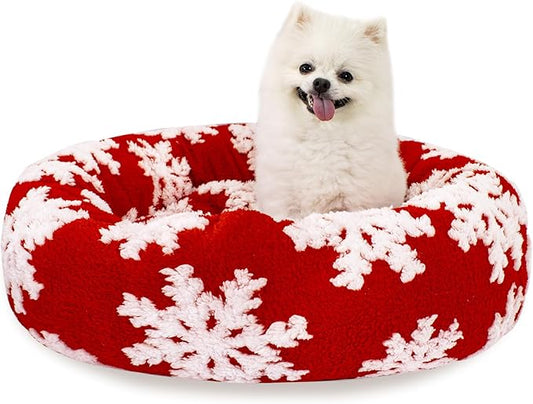 23 Inch Christmas Snowflakes Calming Dog Bed for Small Dogs Cats, Kitty Puppy Round Anti-Anxiety Warm Bed, Soft Cozy Anti-Slip Donut Washable Pet Bed, Fits up to 30 lbs Pets
