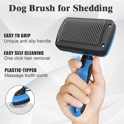 2PCS Self Cleaning Slicker Brush & Dog Comb - Skin Friendly Deshedding Grooming Tool for Dogs, Cats and Small Animals, Professional Deshedding Dematting Tool for Long and Short Haired Pets ((Blue2))