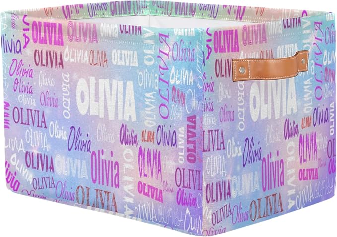 Personalized Storage Basket with Name, Rectangle Toys Storage Bin with Handles for Baby, Boys, Girls, Collapsible Basket for Clothes, Books, Light Blue Purple Colorful Galaxy