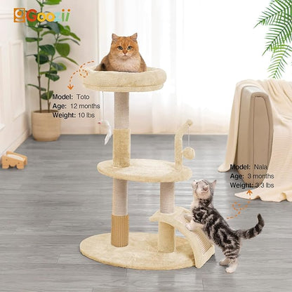 Goozii Large Cat Tree Tower with Scratching Post, Modern Kitten Tower for Indoor Cats, 32 Inch Tall Carpet Sisal Cat Scratcher Stand with Big Bed Perch,Scratch Ramp, Ball Toy for Kitty (Beige)