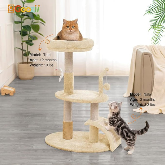 Goozii Large Cat Tree Tower with Scratching Post, Modern Kitten Tower for Indoor Cats, 32 Inch Tall Carpet Sisal Cat Scratcher Stand with Big Bed Perch,Scratch Ramp, Ball Toy for Kitty (Beige)