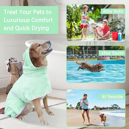 Pet Bathrobe for Dog Cat Absorbently Quick Drying Coat Cute Dogs Bath Towel Hooded Robe Adjustable Collar & Belly Strap for Pool Beach (Green, X-Large)