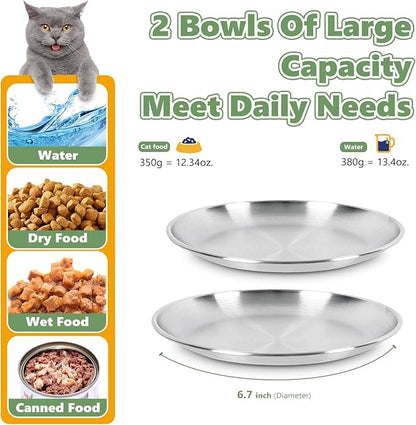 2-Pack Stainless Steel Cat Food Bowls, Shallow Whisker-Friendly Non-Slip Silicone Base Metal Dishes, Easy to Clean Indoor Feeding Flat Plates for Cat, Kitten, Small Dog (6.7")