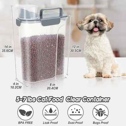 Large Spout Pet Food Storage Container, 5-7LBS/6Qt/5L Meter Dispenser with Handle, Measuring Cup, Double Sealing Tape and 4 Safety Snaps to Seal Dog Food and Cat Food-Gray Blue