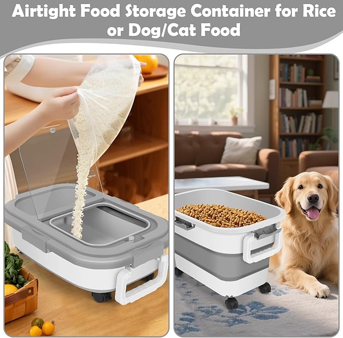Dog Food Storage Container, 20Lbs Large Collapsible Pet Cat Food Container with Airtight Lids Wheels Handle Scoop Measuring Cup Small Container, Rice Kitchen Dry Food Storage Dispenser Bin (Grey)