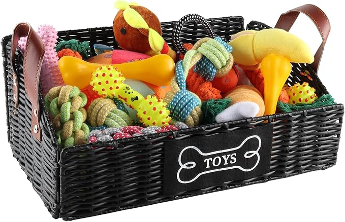Pet Dog Toy Basket with handle,Trapezoid Puppy Toy Bin,collapsible Poly Wicker Storage Basket,Dog Storage Organizer for Leash Blanket Collar-Natural Farmhouse-Easy Access