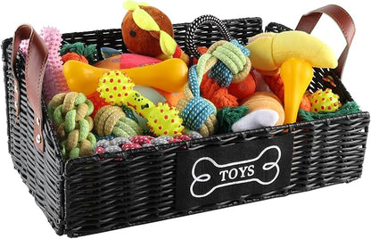Pet Dog Toy Basket with handle,Trapezoid Puppy Toy Bin,collapsible Poly Wicker Storage Basket,Dog Storage Organizer for Leash Blanket Collar-Natural Farmhouse-Easy Access