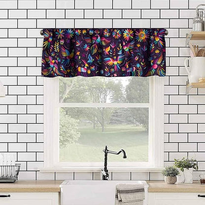 Mexican Style Valances Curtain for Kitchen Cafe, Flowers Leaves Birds Animal Background Print Window Treatment Valances Short Curtains Rod Pocket Drape for Dining Room Home Decor, 54x18inch