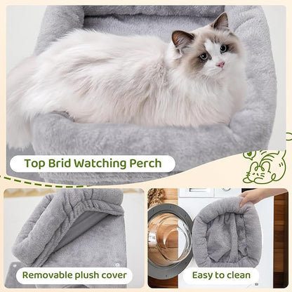 Woochpet 24inch Tall Cat Tree with 2 Cat Condo and Mouse Toy Cozy Small Cat Tower with Scratching Post and Board for Kitties and Small Cats.（Light Grey） (22 * 13 * 28)