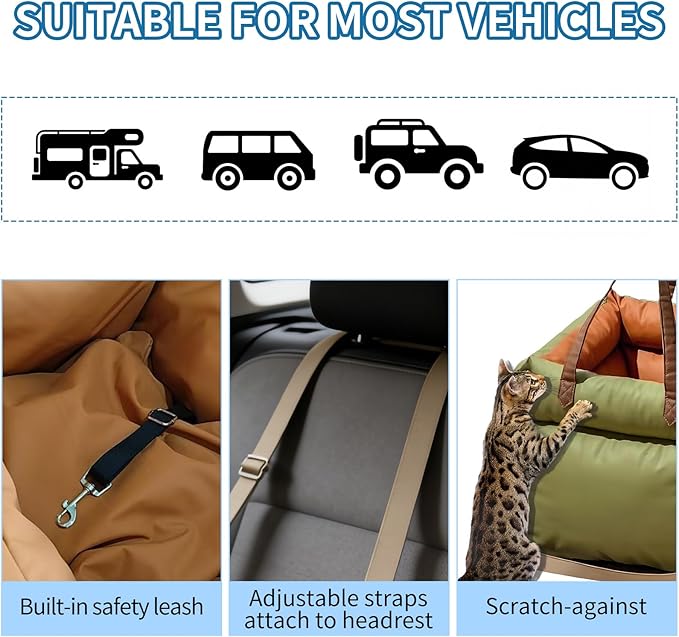 Garvee Dog Booster Car Seat, Waterproof PU Leather Upholstered Cat Bed for Car with Storage Pockets Portable Pet Seat, Bite-Resistant Pet Carrier Bag for Travel and Home, Green