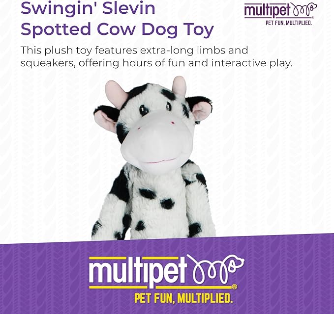 Multipet Swingin' Slevin Cow Dog Plush Toy - Squeaky Toys for All Dogs - Extra Soft Plush - Stuffed Animal for Cuddling & Playing - Cute (27”, White, 5 Squeakers)