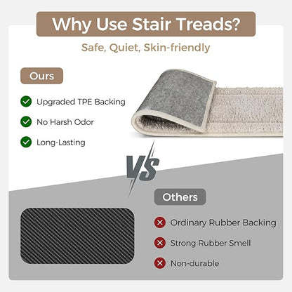 Non Slip Microfiber Stair Treads for Wooden Steps, 15PCS 8"x30" Indoor Safety Carpet, 3D Cut & Loop Tufted Edging Mats with TPE Adhesive Backing, Pet & Elderly Friendly Stair Rugs (Beige Border)