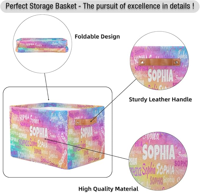 Custom Rectangle Storage Basket, Personalized Name Organizer Bin for Pet/Children Toys, Books, Clothes, Perfect for Rooms/Playroom, Watercolor Colorful Pink