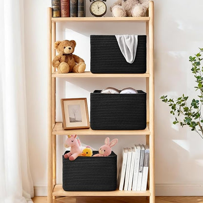 Storage Baskets for Organizing, 4 Pack Baskets for Shelves, Decorative Storage Bins for Shelves, Cotton Rope Storage Basket with Handles, Woven Basket for Storage, 13''Lx8.7''Wx7.9''H, Black