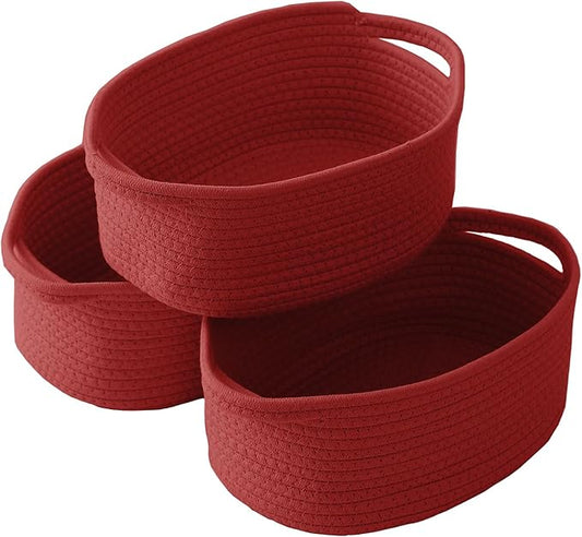 Woven Basket,Small Rope Storage Bin with Handles & Ribbon Bag, Organizer for Shelves Closets,Gift Basket Empty for Birthday,Books,Dog Toys, Red/3 Pack