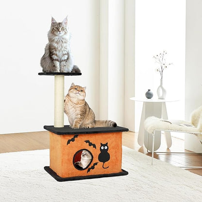 VINGLI 43.4in Halloween Cat Tree Tower, Indoor Gothic Cat House with Sisal-Covered Scratching Posts & Platforms & Cat House Caves Box with Gesture, Black & Orange