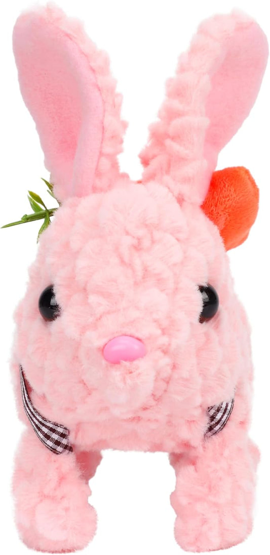 Hopearl Hopping Rabbit with LED Ears Carrot Backpack Interactive Plush Bunny Toy with Sounds Animated Walking Wiggle Light up Ears Twitch Nose Gift for Toddlers, Pink, 7''