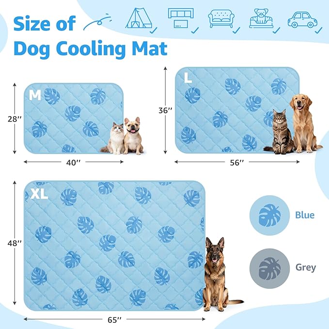 LOOBANI Dog Cooling Mat for Large Dogs 65"x48"- Pet Cooling Mat with Anti-Slip Bottom, Waterproof Self-Cooling Dog Pad for Crate, Floor & Car, Grey Monstera (Blue, 65"x48")