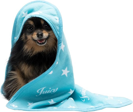 JUICY COUTURE Hooded Towel 100% Microfiber Dog & Cat Drying Towel with Hood & Snap Closure, Absorbent Quick Dry Machine Washable Hooded Towels (Turquoise Blue)