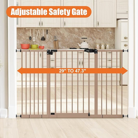 keny Extra Wide Baby Gate - 29" to 47.3" Auto Close Safety Gate, Pressure Mounted, No Drilling, Brown