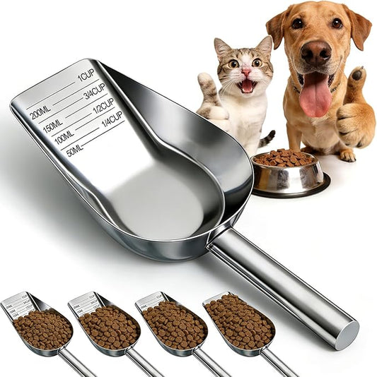 Mity rain Dog Food Scoop Stainless Steel with Long Handle, Precise Dog Food Measuring Cup 1, 3/4, 1/2, 1/4 Cup, Pet Scoop for Dogs, Cats, Rabbits, Animals, Metal Spoon for Dog Food Storage