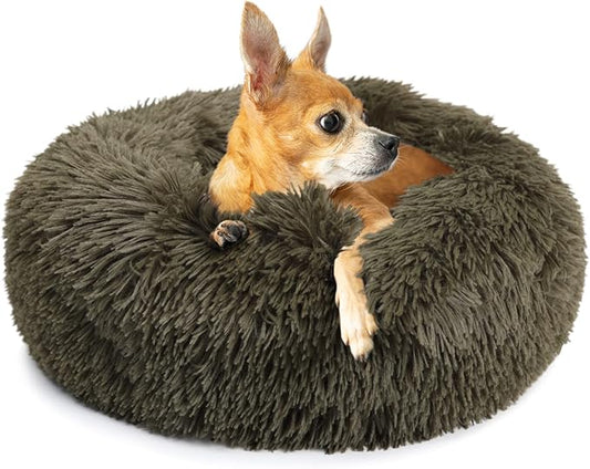 Calming Donut Dogs Beds for Small Dogs Washable,19inch Fluffy Round Puppy Bed for Puppies,Cats & Toy Breeds with Raised Rim,Fits up to 15 lbs Pets,Army Green